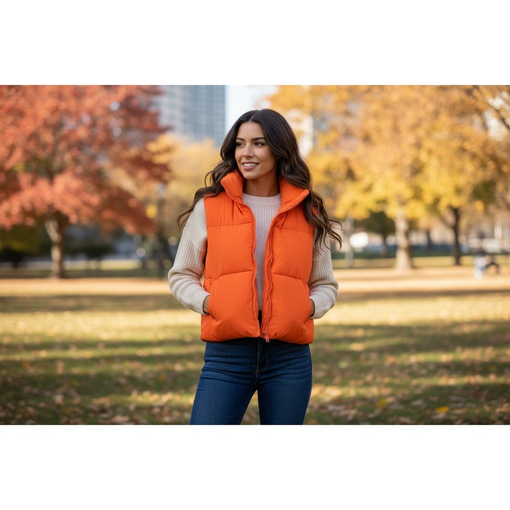 Vibrant Orange Puffer Vest Sleeveless Quilted Zip Up Cropped Size Small